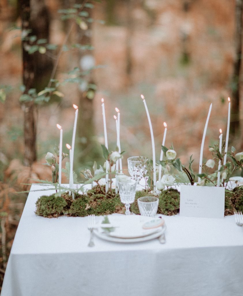 centre table feuillage mousse foret végétal bougies